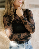 Black Mock Neck Floral Lace Mesh Long Sleeve Top - Black