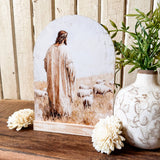Jesus with Sheep Arched Wood Sign Shelf Sitter