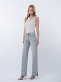 MID RISE FULL LENGTH GREY CUFFED WIDE LEG JEANS F9054GY