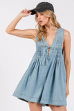 PLEATED TIE FRONT DENIM WASHED ROMPER
