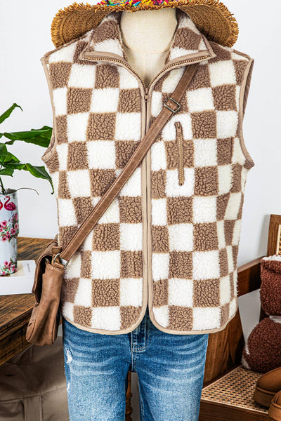 Checkered Sherpa Collared Jacket Vest