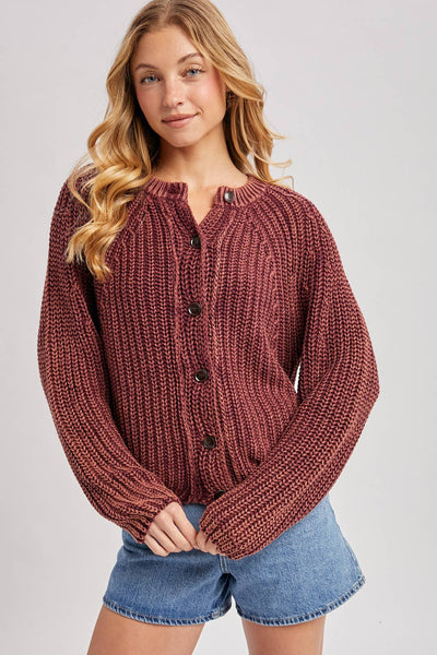BUTTON DOWN SLOUCHY WASHED CHUNKY KNIT SWEATER CARDIGAN
