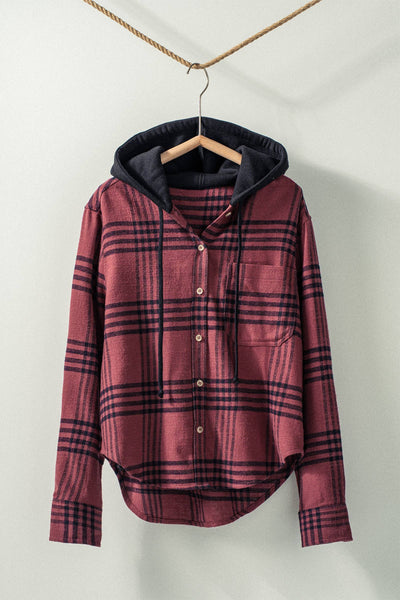 Plaid Hooded Button-Up Western Boho Casual Top - Burgundy