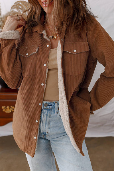 Fleece Lined Buttoned Flap Pockets Corduroy Jacket