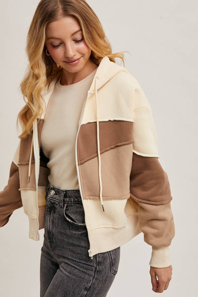 ZIPPER FRONT PATCHWORK LANDSCAPE HOODIE JACKET