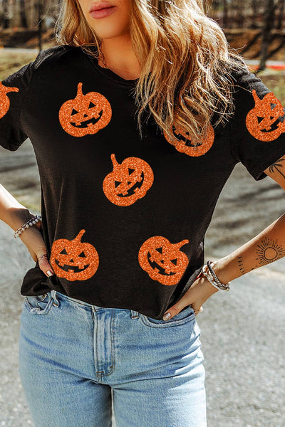 Glittering Pumpkin Face Graphic Crewneck Halloween T Shirt1