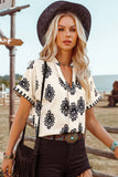Boho Geometric Print Short Sleeve V Neck Blouse