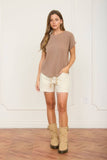 RIBBED CREW NECK SHORT CUFF SLEEVE KNIT TOP - Mocha