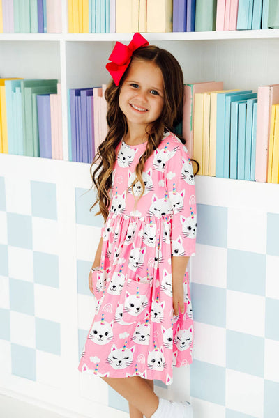 Unicorn Kitties 3/4 Sleeve Pocket Twirl Dress