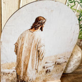 Jesus with Sheep Arched Wood Sign Shelf Sitter