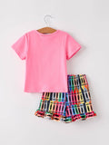 Back To School Girls Ruffled Crayon Print Shorts Set