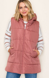 HOODED SOLID DUSTER PUFFER VEST - Marsala