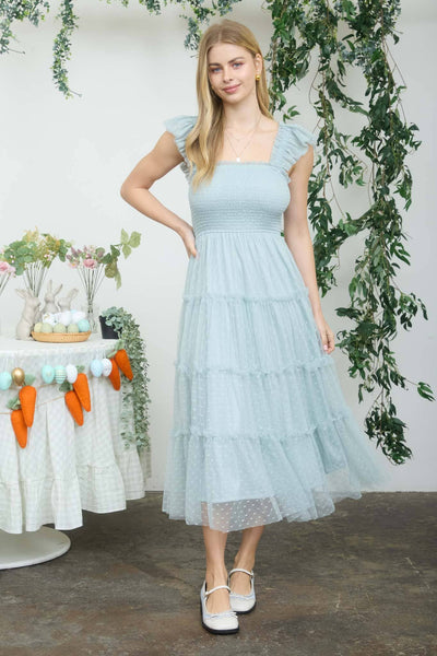 POLKA DOT CHIFFON SMOCKED TIERED MIDI DRESS (PRE-ORDER)