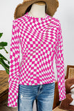 Western Checkered Pattern Mesh Mock Neck Long Sleeve Top