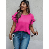 Plus Size Round Neck Ruffle Solid Loose Shirt