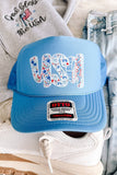 USA Floral Lace Trucker Hat - Soft Blue
