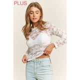 PLUS CHIC FLORAL LACE ROUND NECK LONG SLEEVE FITTED - White