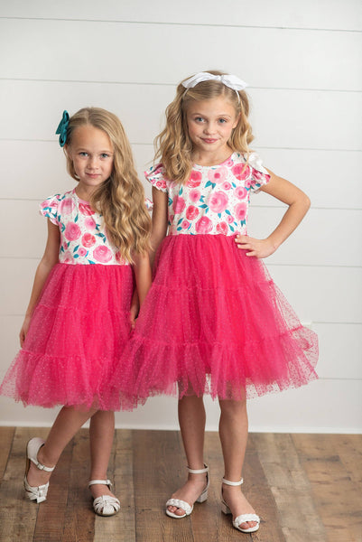Girls Bright Pink Rose Tiered Tulle Spring Easter Dress