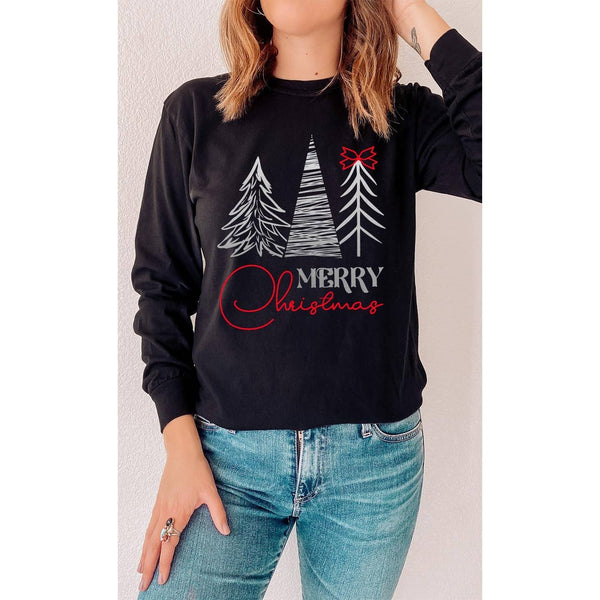 Merry Christmas Silver Trees Red Bow Long Sleeve