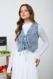FLORAL WASHED DENIM PATTERN FRONT TIE VEST