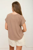RIBBED CREW NECK SHORT CUFF SLEEVE KNIT TOP - Mocha
