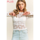 PLUS CHIC FLORAL LACE ROUND NECK LONG SLEEVE FITTED - White
