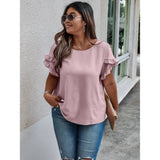 Plus Size Round Neck Ruffle Solid Loose Shirt