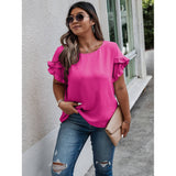 Plus Size Round Neck Ruffle Solid Loose Shirt