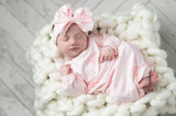 Infant Girls White and Pink Baby Gown and Bow Headband Set