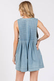 PLEATED TIE FRONT DENIM WASHED ROMPER