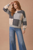 Round Neck Mixed Print Patchwork Pullover