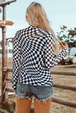 Western Checkered Pattern Mesh Mock Neck Long Sleeve Top