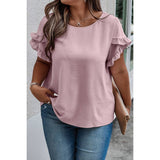 Plus Size Round Neck Ruffle Solid Loose Shirt