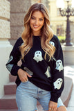 Glitter Ghost Pattern Crew Neck Halloween Sweatshirt