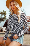 Western Checkered Pattern Mesh Mock Neck Long Sleeve Top