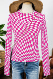 Western Checkered Pattern Mesh Mock Neck Long Sleeve Top