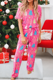 Christmas Tree Print V Neck Tee and Pants Lounge Set