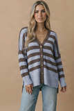 V Neck Stripe Popcorn Oversized Fit Cardigan