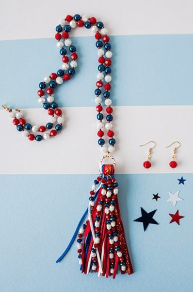 Patriotic Beaded Tassel Necklace