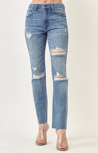 Risen Distressed Straight Leg Jeans