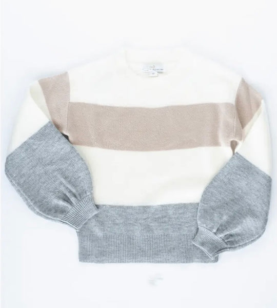 Crawford Bubble Sleeve Sweater - Pink, White & Gray Stripe (Tween)