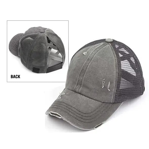 Grey Ponytail Cap With Mesh & Crisscross Back