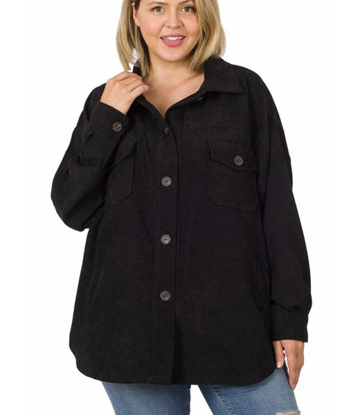 Black Corduroy Button Shacket - Plus