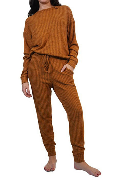 Brown Ribbed Pajama Set